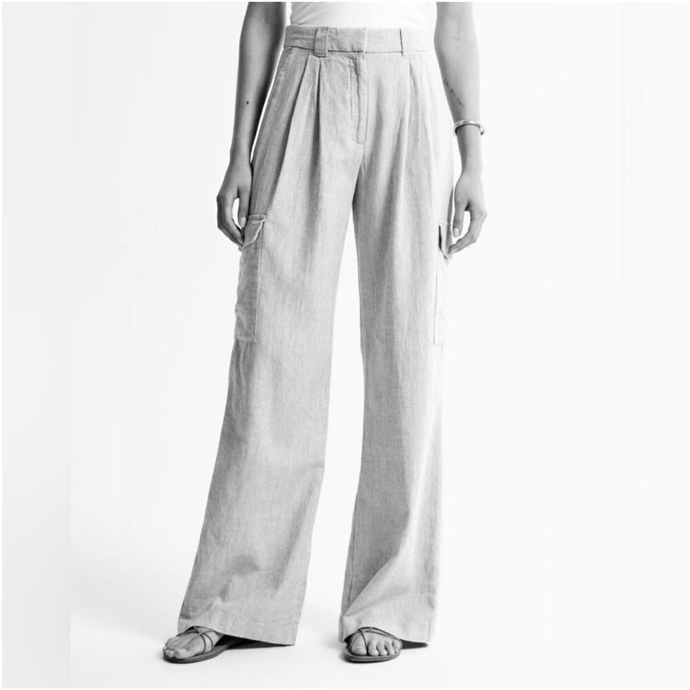 ✨Abercrombie & Fitch Linen-Blend Tailored Ultra Wide-Leg Cargo Sz S Green Pants✨ - Picture 2 of 9